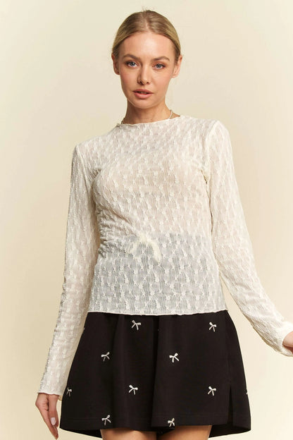 Davi &amp; Dani Long Sleeve Sheer Small Embroidered Bows Lace Top