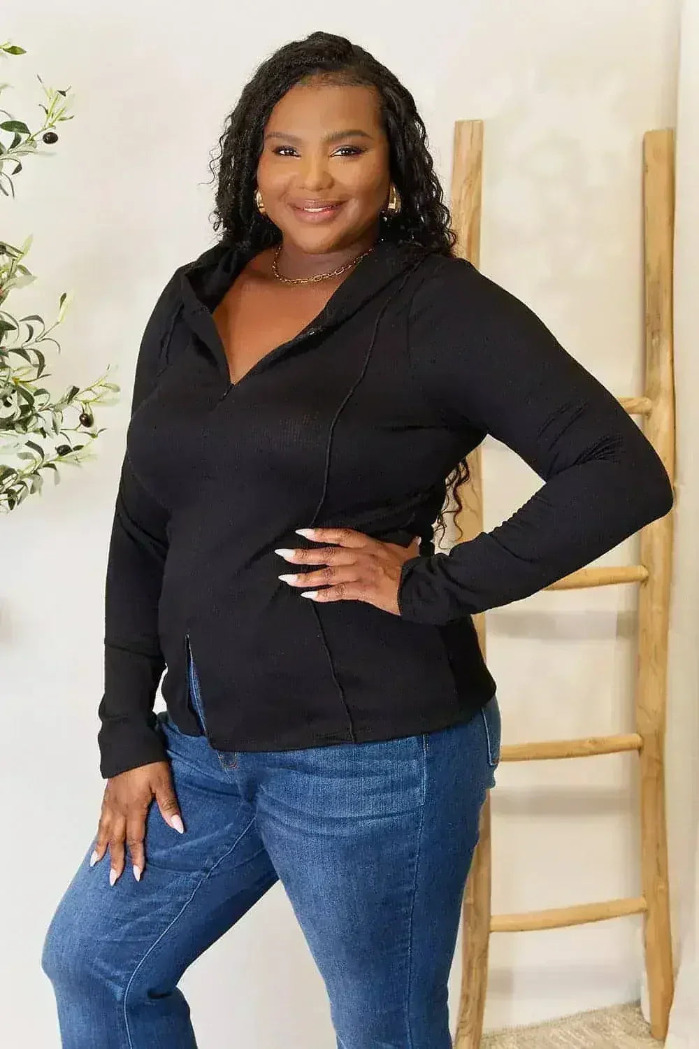 Black Exposed Seam Hoodie - Edgy Long Sleeve Design | Femstylo
