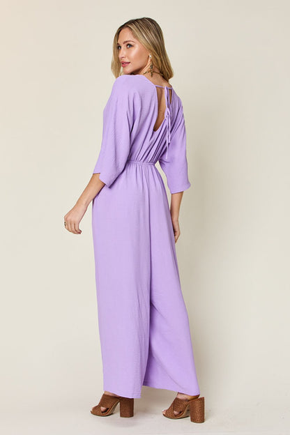 Tie-Waist Jumpsuit with Wide Legs and Short Sleeves
