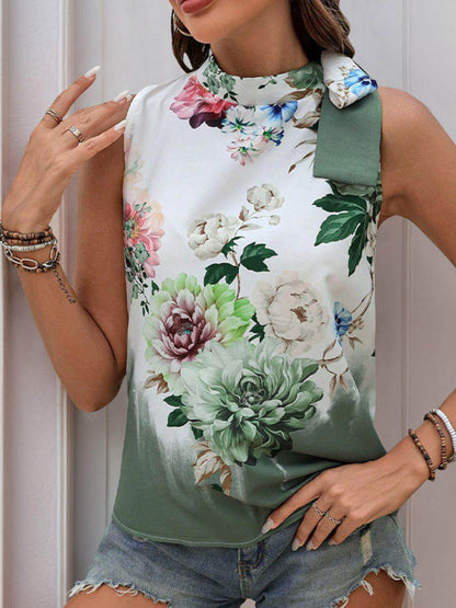 Tied Flower Printed Mock Neck Top for Women - Stylish Design