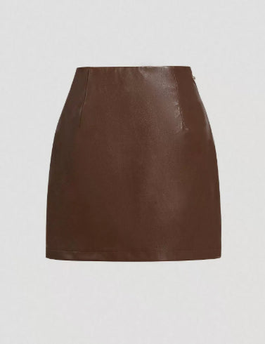 Womens Solid-Color Faux Leather Mini Skirt With Metal Buttons