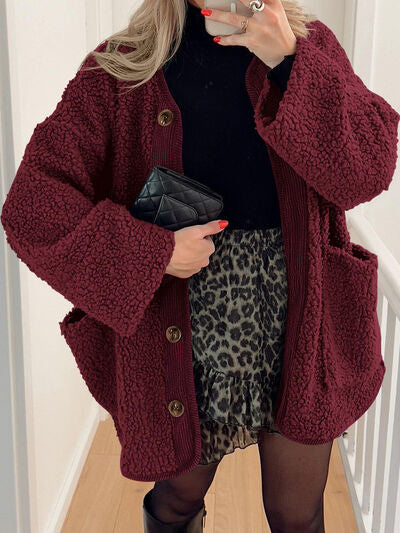 Modern Cozy Women Luxuriously Cozy Contrast Button Up Sherpa Jacket with Pockets For Fall &amp; Winter