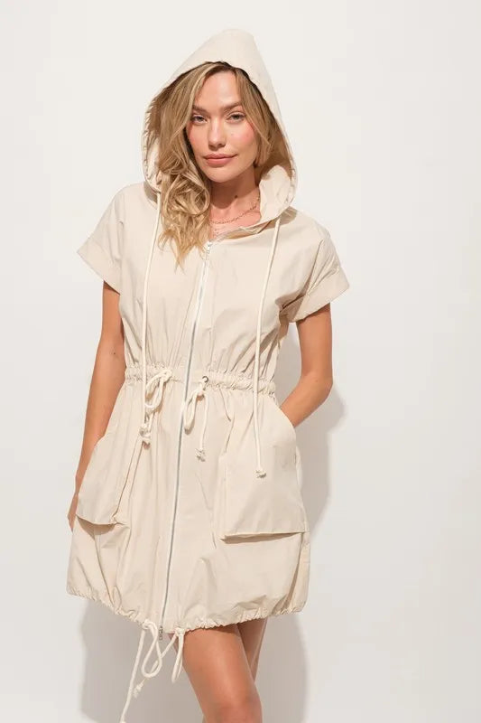And The Why Short Sleeve String Details Hooded Mini Dress