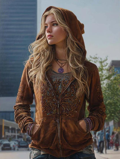 Printed Hooded Zip-Up Cardigan Fashionable Casual Womens Sweatshirt