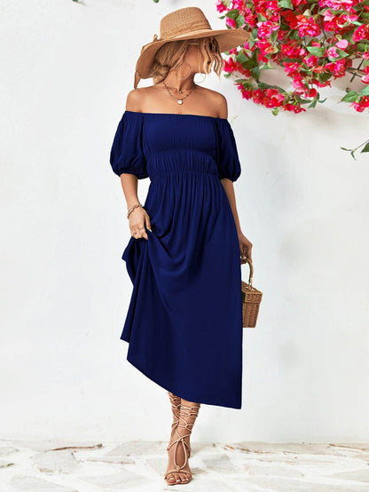 Off-Shoulder Balloon Sleeve Midi Dress for Chic Style