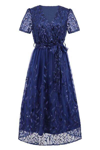 Sequin Leaf Embroidery Tie Front Short Sleeve Dress for Women
