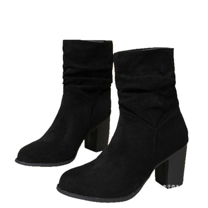 Womens Fashionable Plus-size Suede Chunky-heel Boots