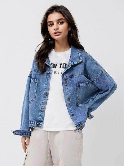 Pocketed Button Up Long Sleeve Denim Top for Women