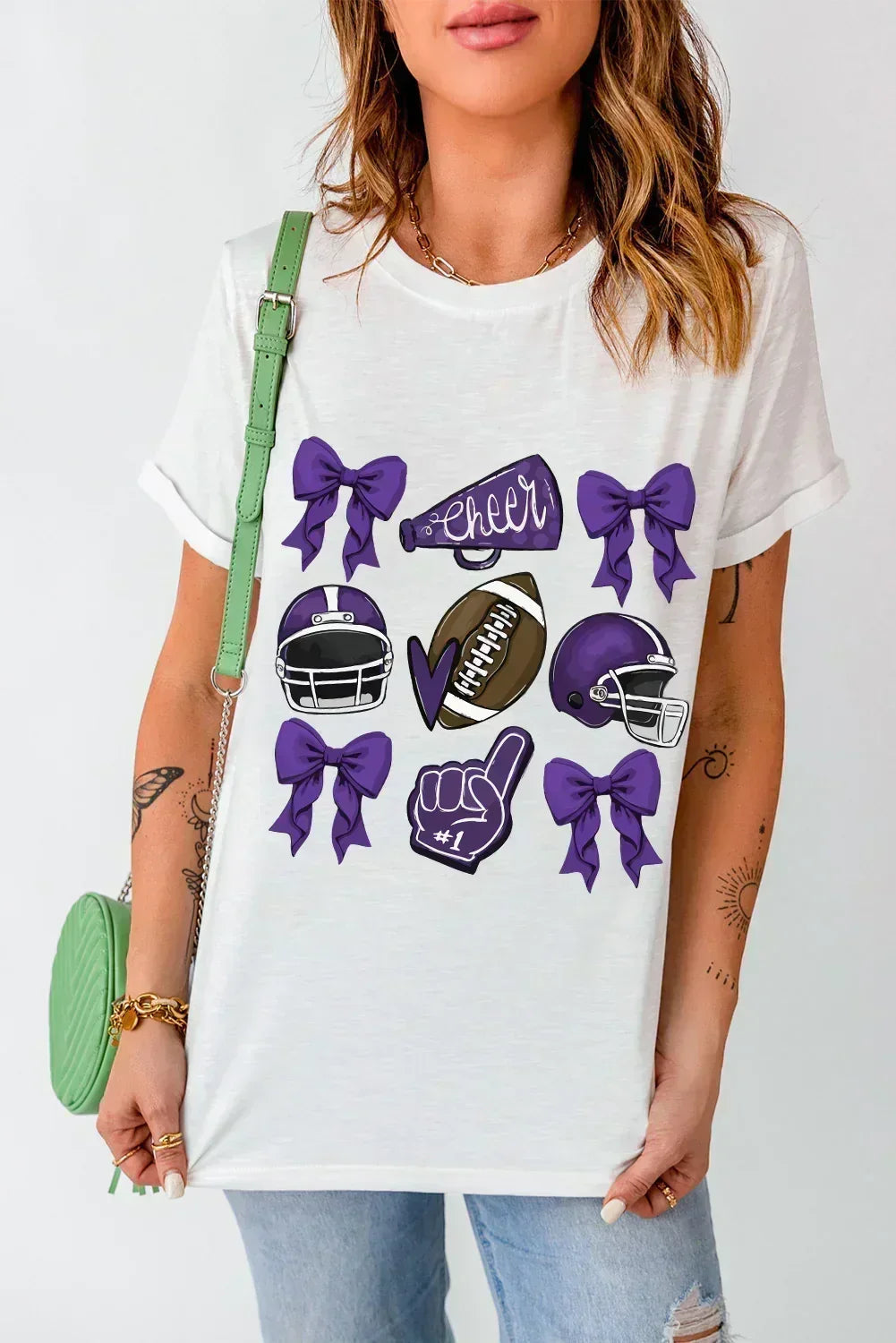 Game Day Rugby Tee: White Cheer Helmet &amp; Bow Graphic T-Shirt