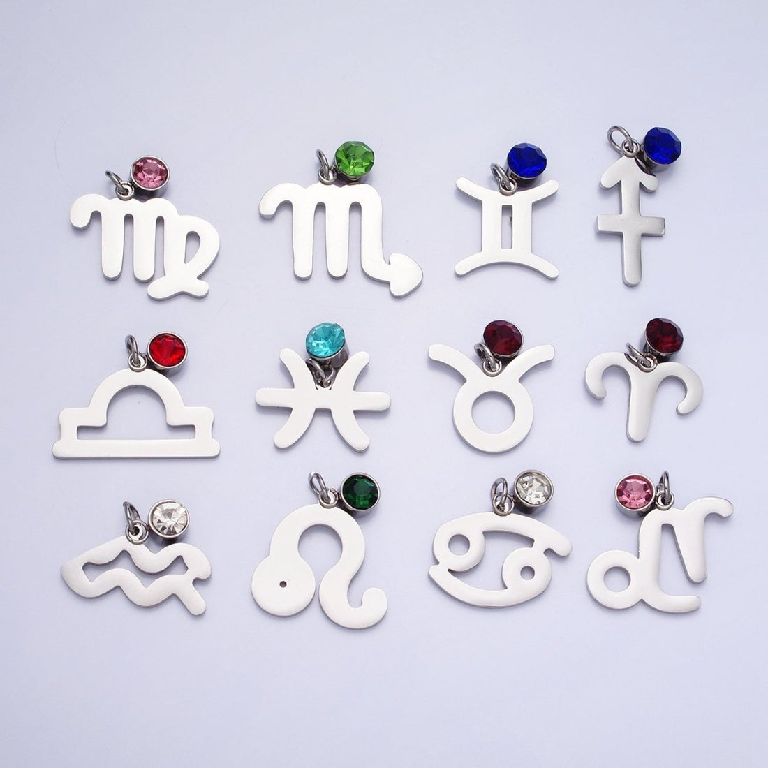 Add on Charm Stainless Steel Zodiac Astrological Signs Birthstone CZ Month Personalized Charm in Silver | A-A1403-A-A1408