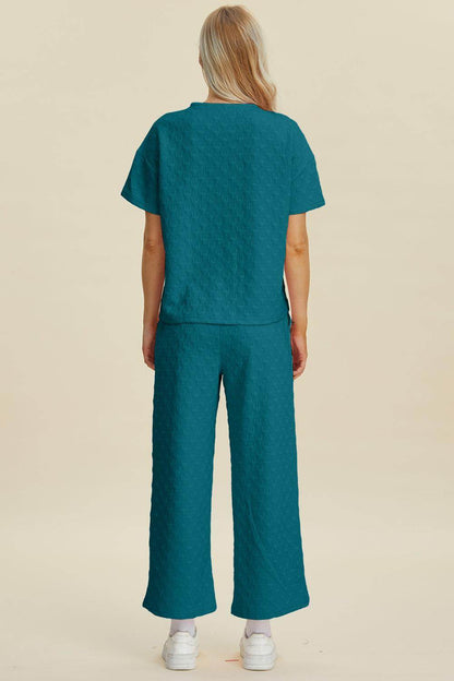 Double Take Full Size Texture Round Neck Top and Pants Set