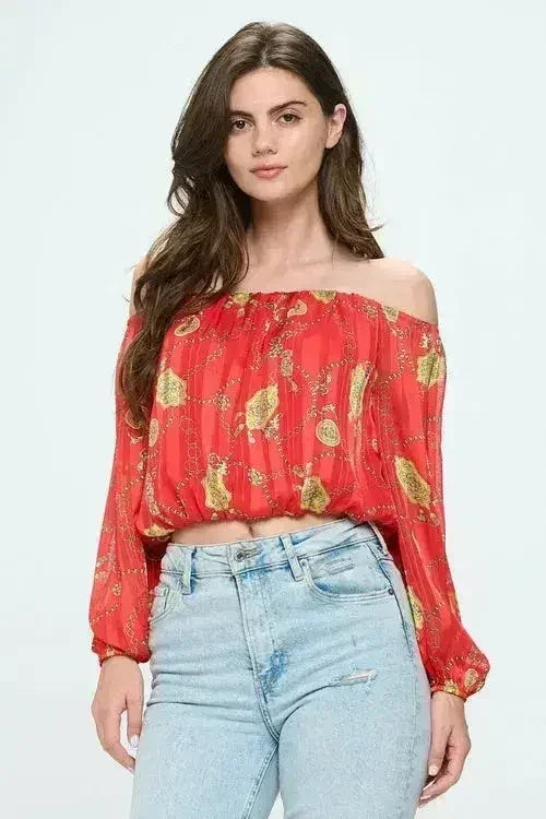 Off-Shoulder Chain Print Crop Top - Red &amp; Black Chiffon Blouse - Femstylo
