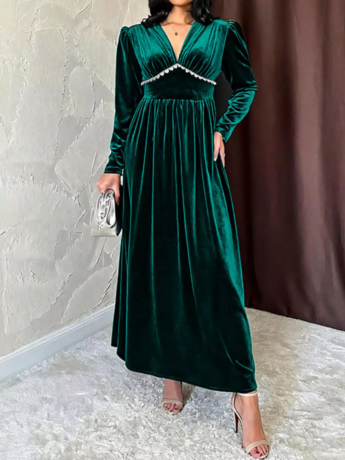 Velvet V-Neck Long Sleeve Maxi Dress