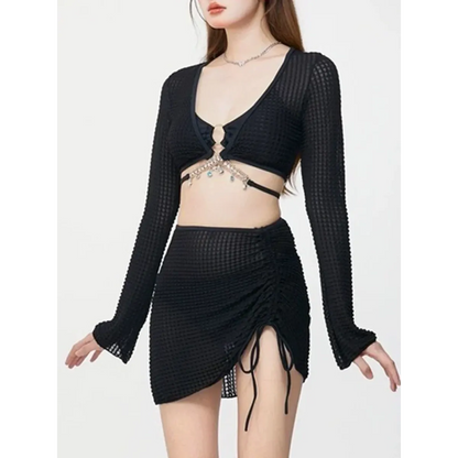 Ivory Mesh Chain Bikini Set – Long Sleeve Lace-Up Beachwear