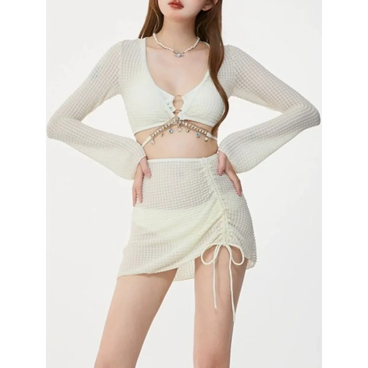 Ivory Mesh Chain Bikini Set – Long Sleeve Lace-Up Beachwear