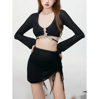 Ivory Mesh Chain Bikini Set – Long Sleeve Lace-Up Beachwear