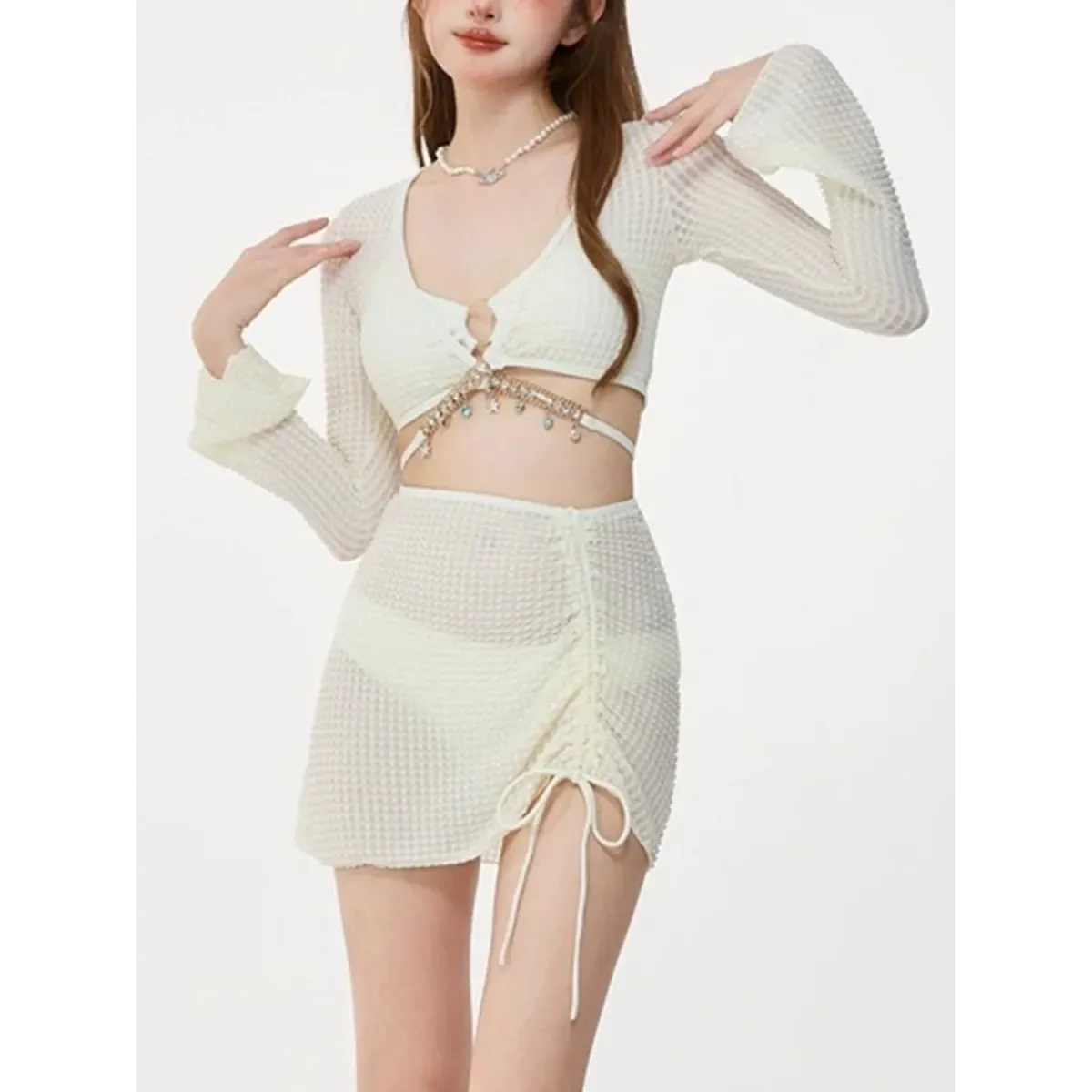 Ivory Mesh Chain Bikini Set – Long Sleeve Lace-Up Beachwear