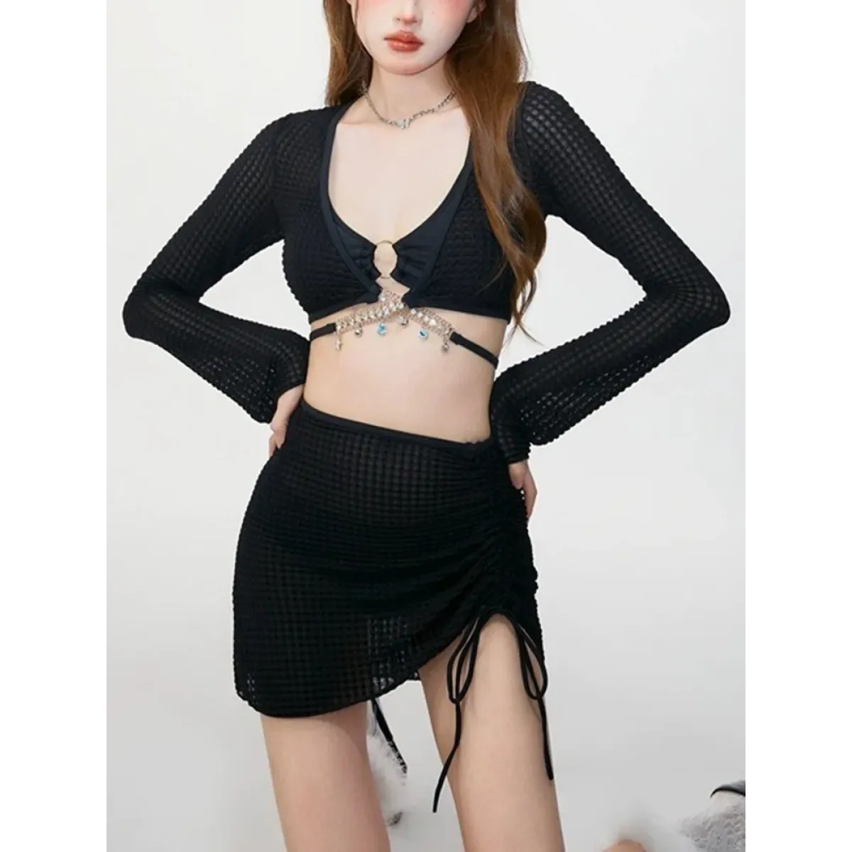 Ivory Mesh Chain Bikini Set – Long Sleeve Lace-Up Beachwear