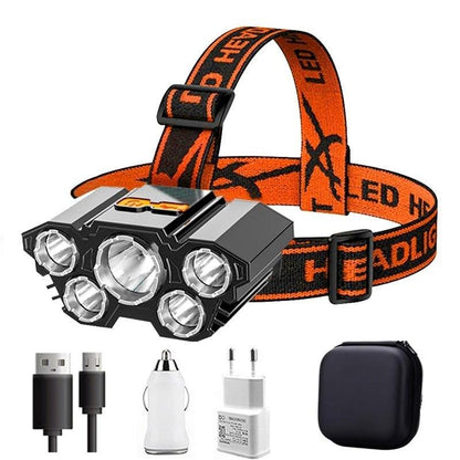 Adjustable USB Rechargeable Torch Lamp Built-in Battery 5 Led Strong Headlight Waterproof  Rechargeable Super Bright Head-Mounted Flashlight For Outdoor Night Camping
