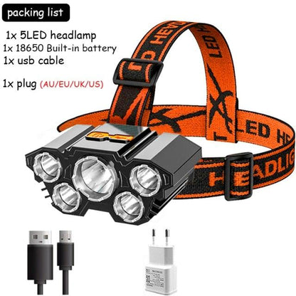 Adjustable USB Rechargeable Torch Lamp Built-in Battery 5 Led Strong Headlight Waterproof  Rechargeable Super Bright Head-Mounted Flashlight For Outdoor Night Camping