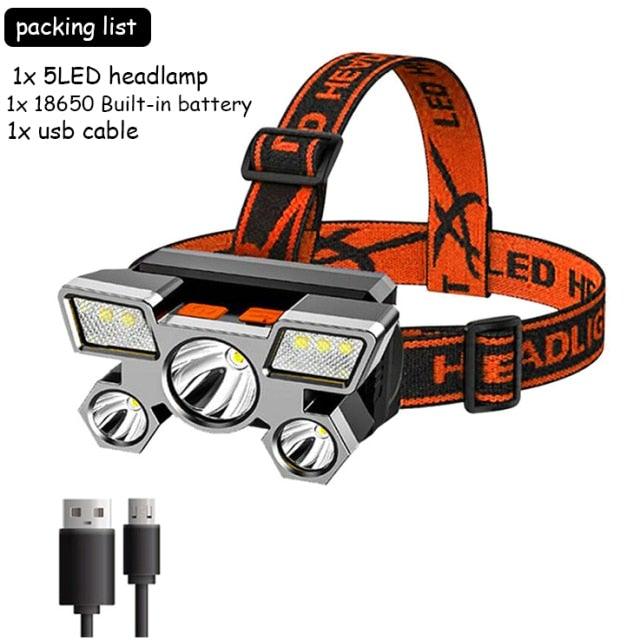 Adjustable USB Rechargeable Torch Lamp Built-in Battery 5 Led Strong Headlight Waterproof  Rechargeable Super Bright Head-Mounted Flashlight For Outdoor Night Camping