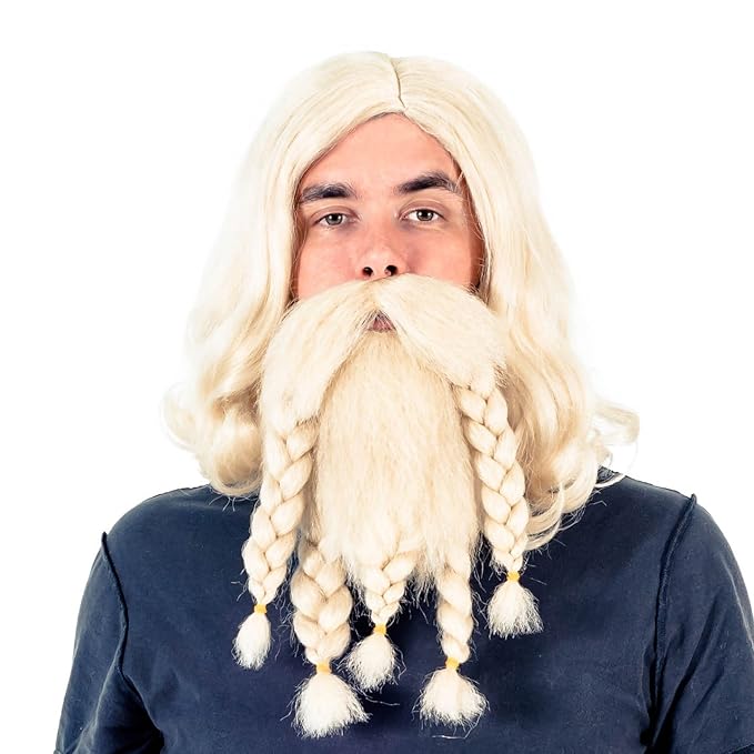 Adult Deluxe Viking Barbarian Norse Halloween Cosplay Costume Wig &amp; Beard Set