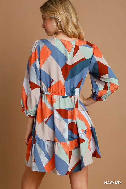 Umgee Abstract V-Neck Tiered Printed Dress