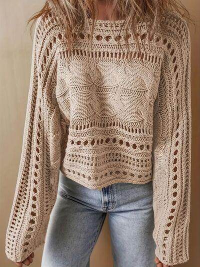 Hollow Out Cable-Knit Boat Neck Sweater for Women