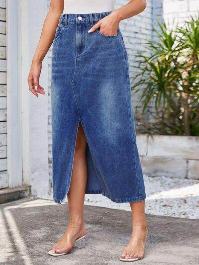Slit Midi Denim Skirt with Pockets for Stylish Women