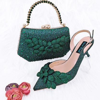 Cross-border Ladies Party Shoes Bag Set Handmade Leaf Decorative Wine Glass Heel