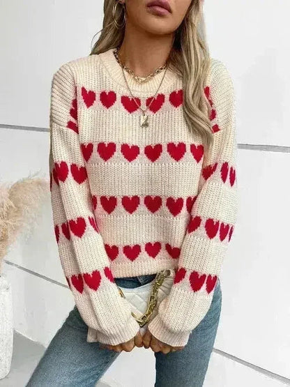 Heart Print Sweater - Oversized Round Neck Knit Top | Femstylo