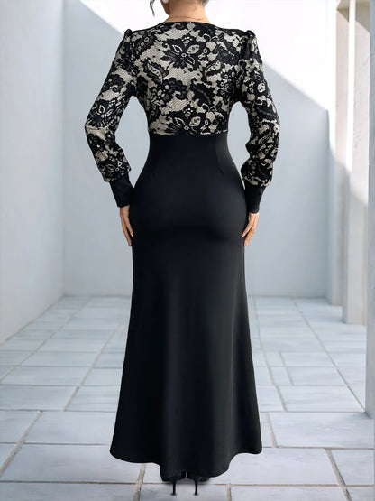 Lace V-Neck Long Sleeve Maxi Dress