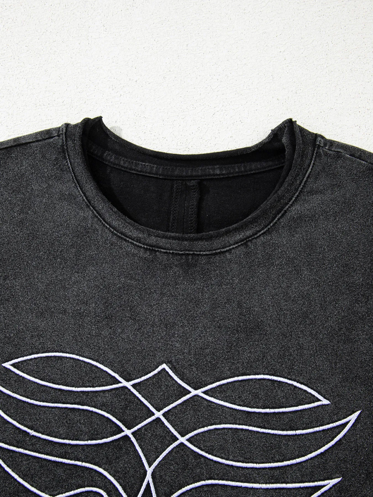 Floral Embroidered Mineral Wash Crew Neck T Shirt