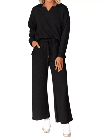 Side Slit Textured Top and Drawstring Pants Set