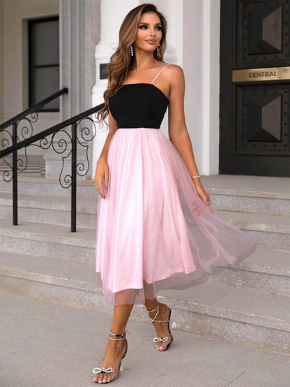 Chic Two-Tone Spaghetti Strap Mesh Dress for Casual Wear
