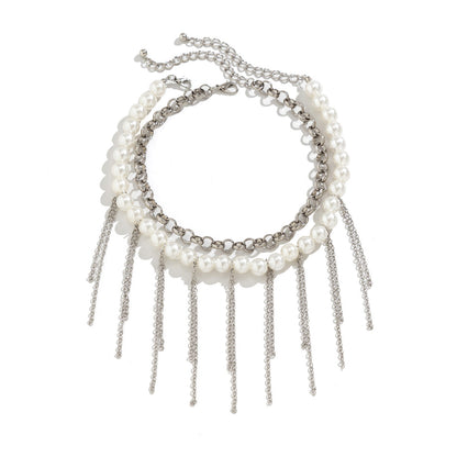 Pearl Tassel Fun Design Double-layer Retro Necklace Women&