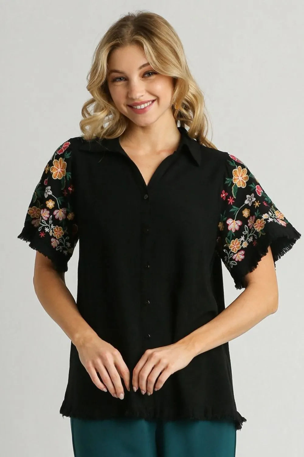 Umgee Full Size Linen Shirt with Embroidered Sleeves Plus Size