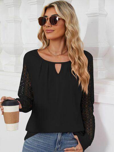 Cutout Round Neck Long Sleeve T-Shirt with Lace Detail