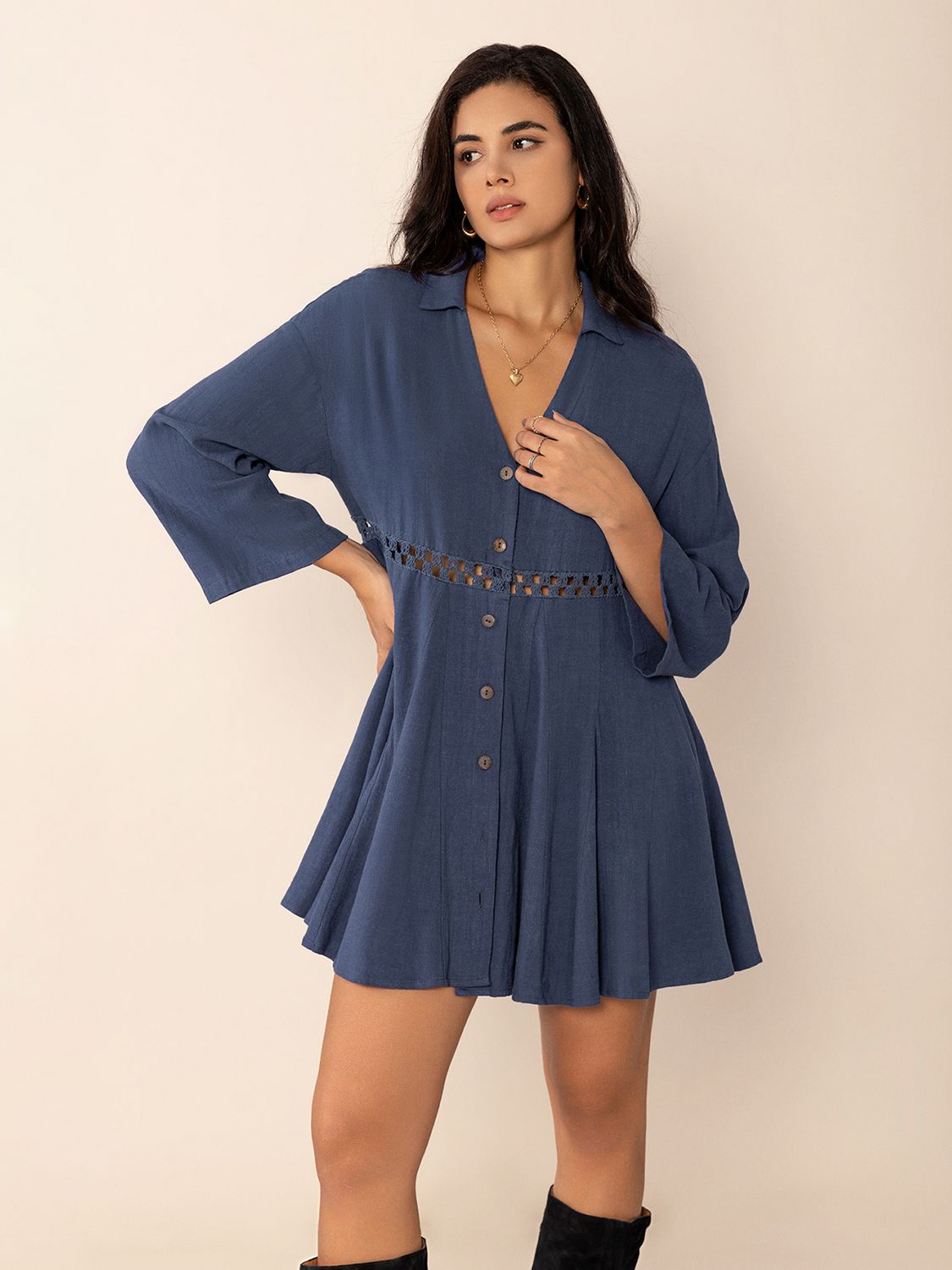 Dusty Blue Long Sleeve Mini Dress Elegant Cutout &amp; Buttoned Design Lightweight Women Dress