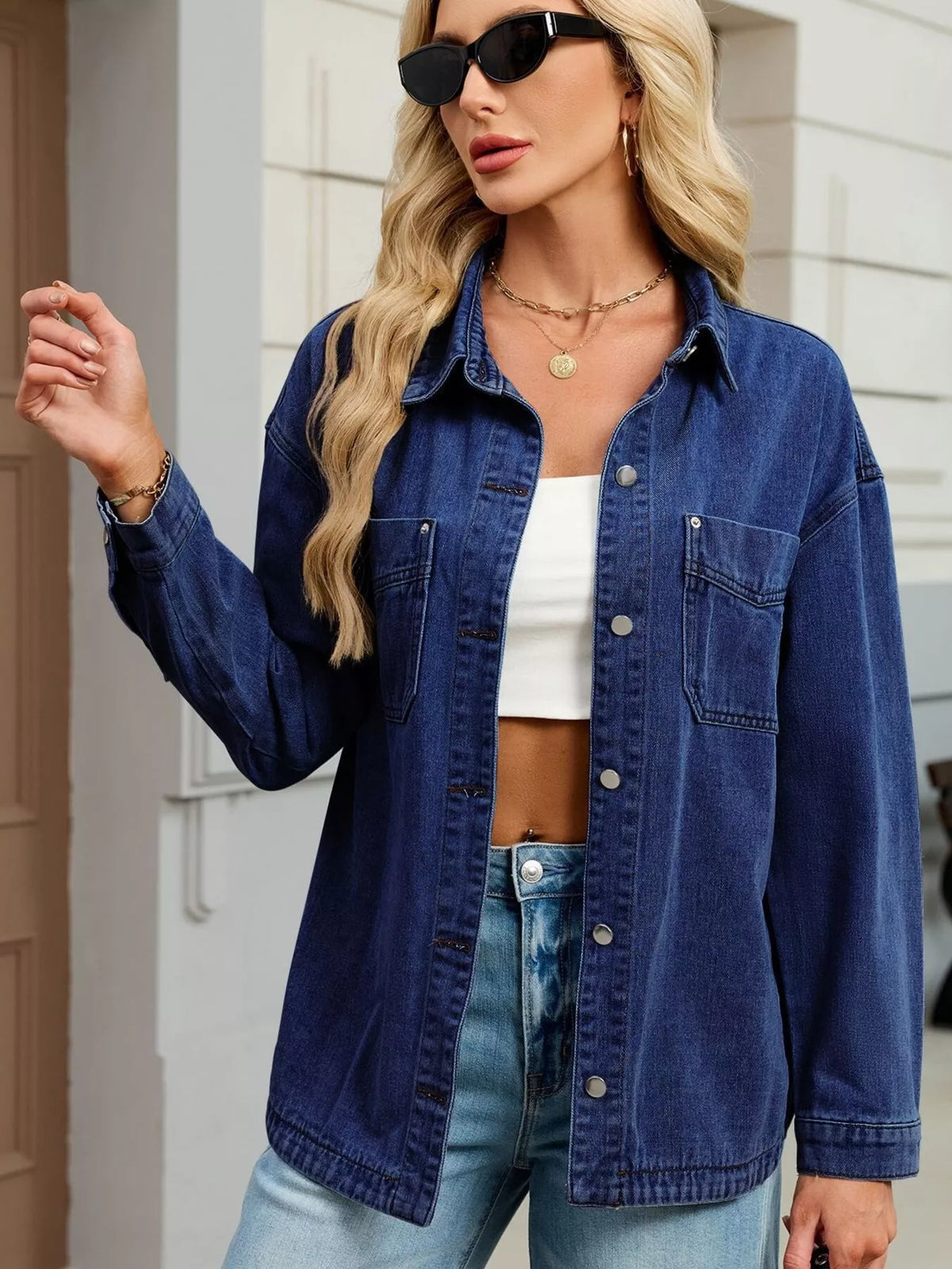 Button Up Dropped Shoulder Denim Jacket