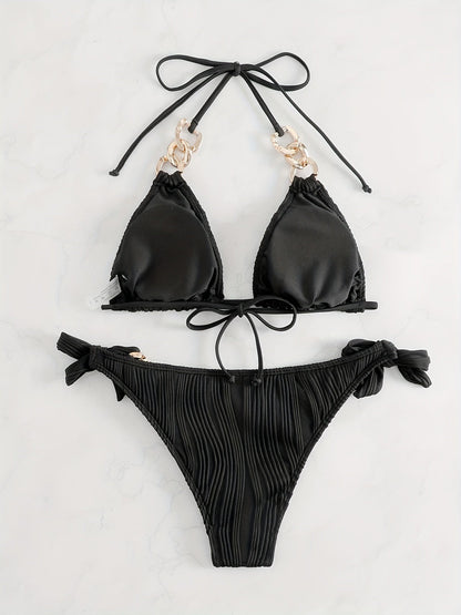 Bikini Ruched Texture Golden Chain 2 Piece Triangle Swimsuit for Women – Striped Halter Bikini Set with Bow Tie Side and Elegant Ring Link Detail – Stretchy Beachwear for Pool Bathing and Summer Vacations