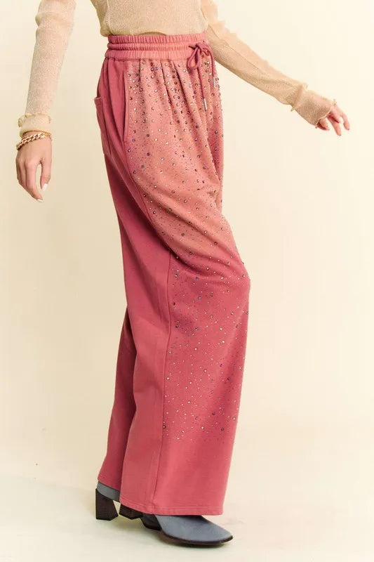 Davi &amp; Dani Rhinestone Drawstring Wide Leg Pants