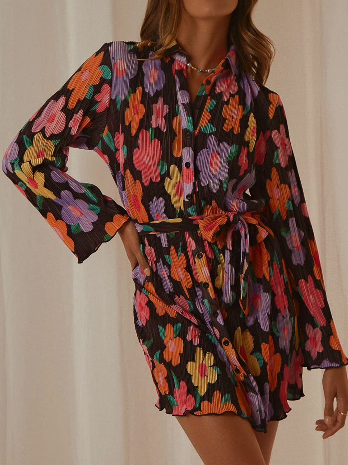 Tied Button-Up Long Sleeve Dress