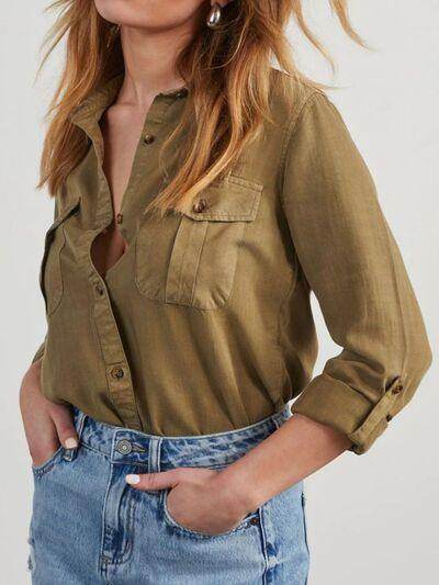 Collared Neck Roll-Tab Sleeve Denim Top for Women