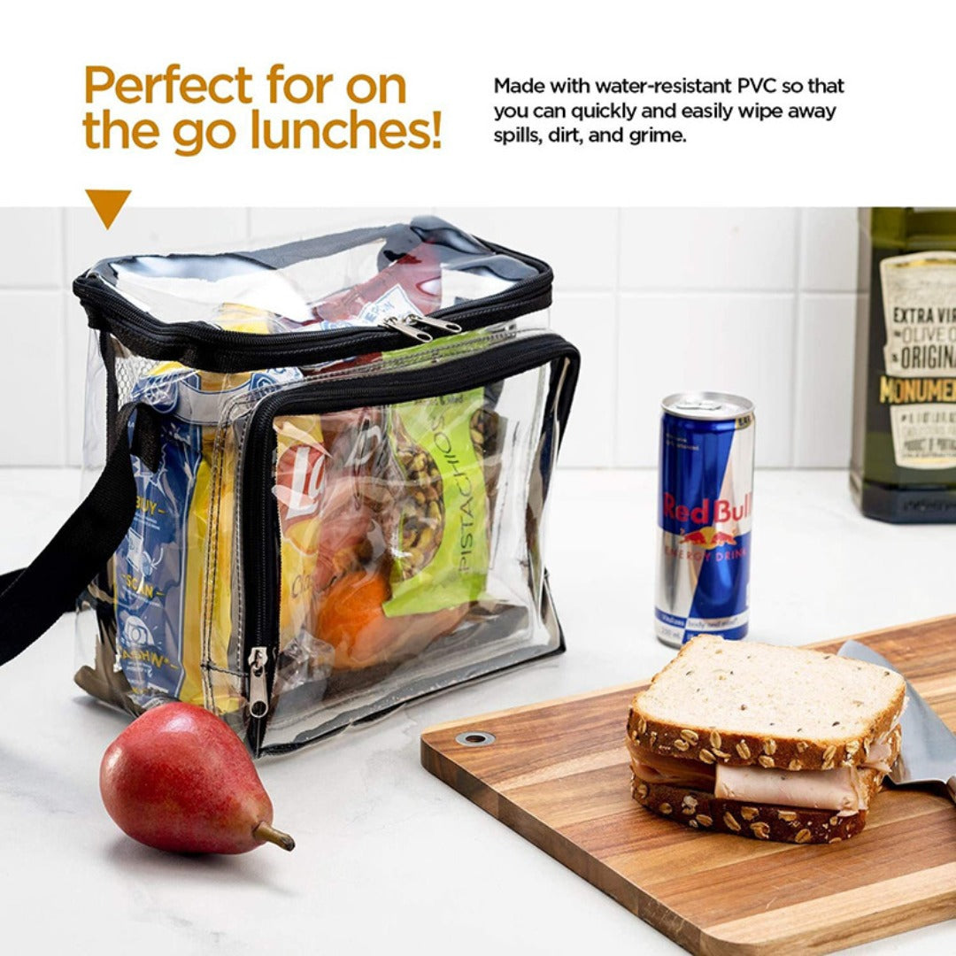 PVC clear lunch bag, adjustable strap front storage compartment mesh pocket, outdoor lunch bag with compartments