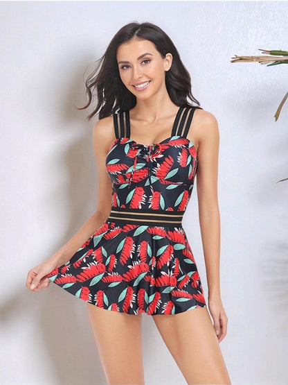 Ruched Printed Sweetheart Neck Two-Piece Swim Set