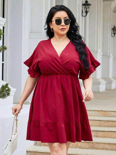 Plus Size Ruched Surplice Flounce Sleeve Mini Dress Online
