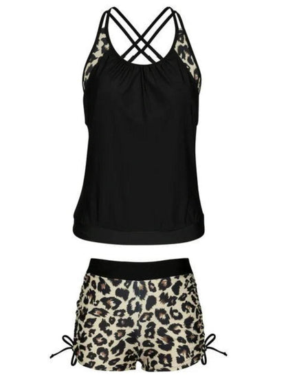 Crisscross Leopard Scoop Neck Two-Piece Swim Set