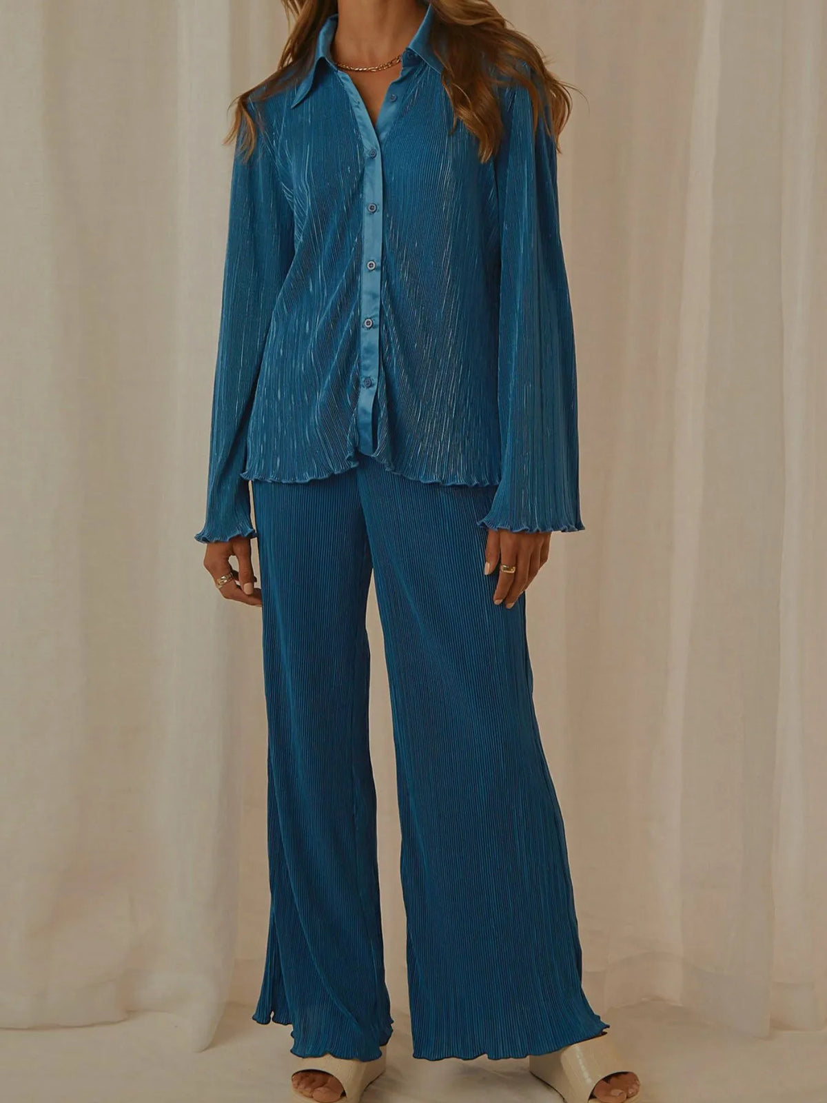 Button Up Long Sleeve Top and Pants Set
