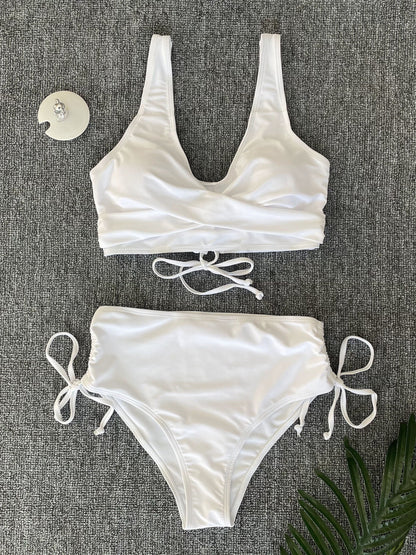 Bikini Twist Front V Neck High Waist 2 Piece Bikini Set for Women – Stretchy Tie Back Swimsuit with Drawstring Lace Up and Comfortable Fit – Trendy Solid Color Swimwear for Beach Days Pool Parties and Summer Vacations